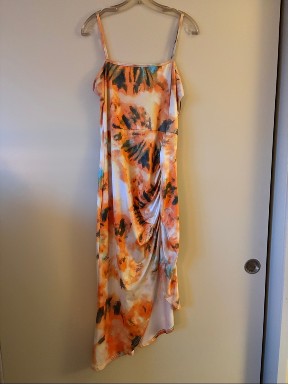 Women's Orange Tie Dye Abstract Satin Slip Dress - Unbranded